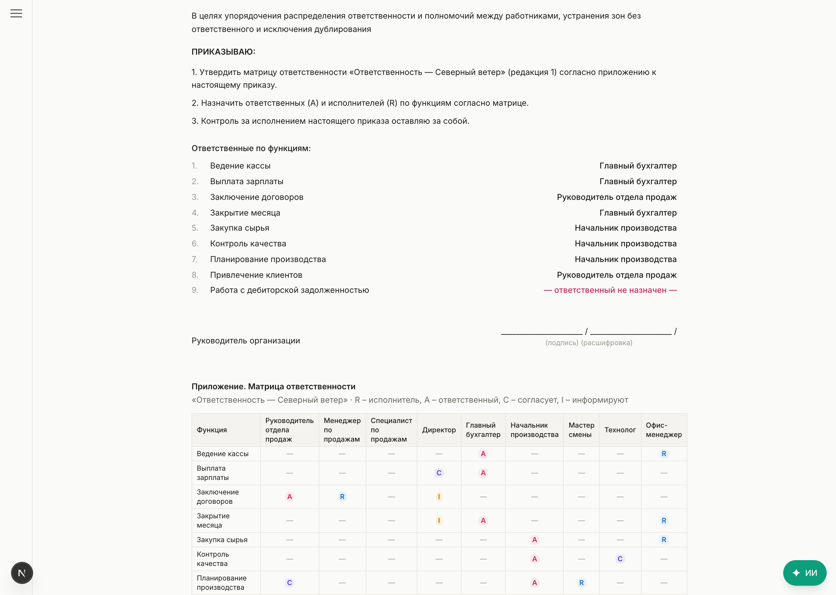 Приказ о распределении ответственности